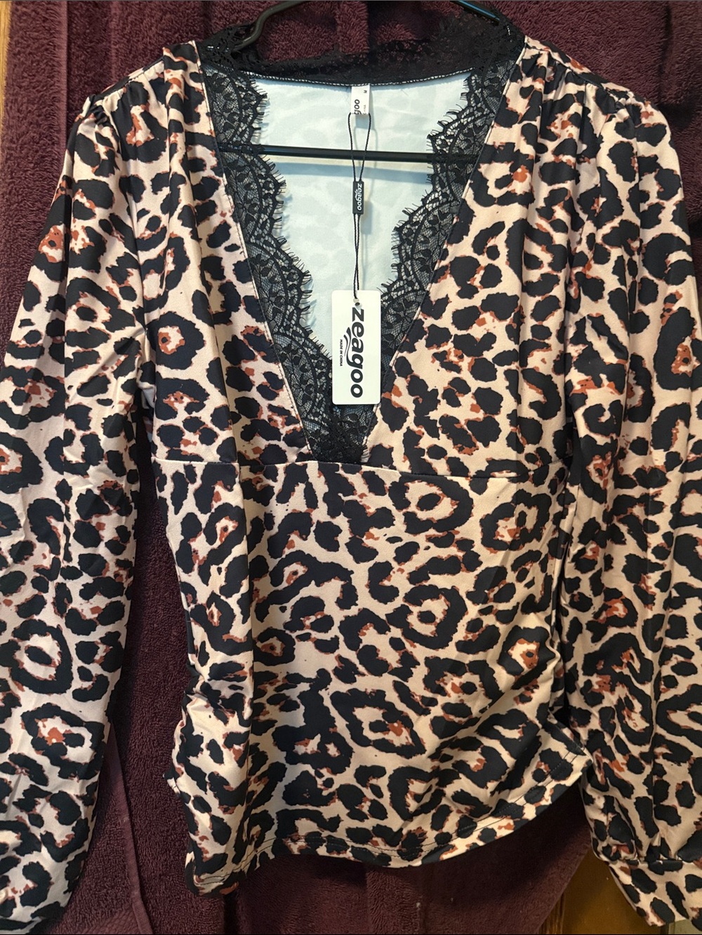 zeagoo Black and Beige Leopard Print V-Neck Top with Lace Trim
